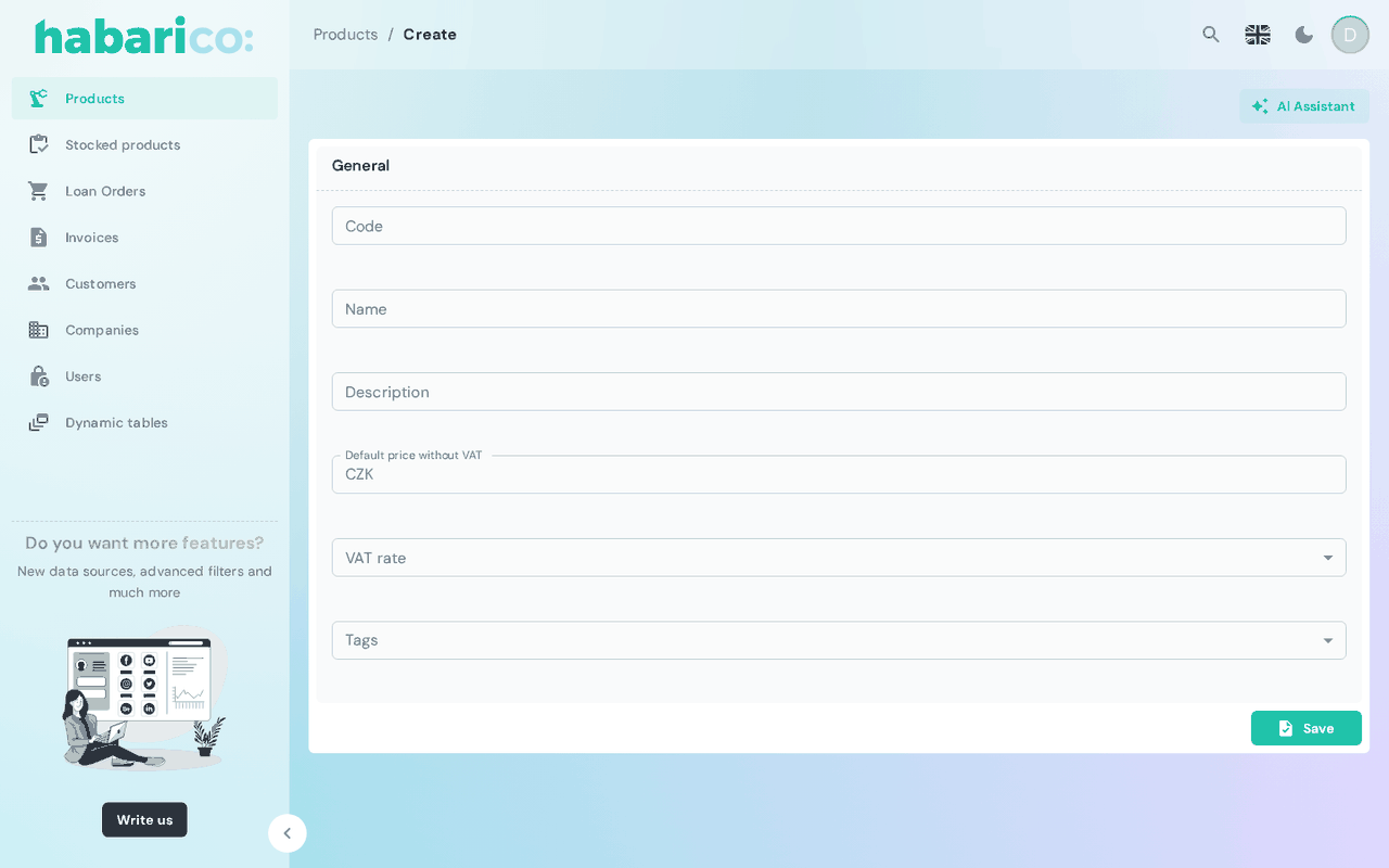 A generated create form with a save toolbar