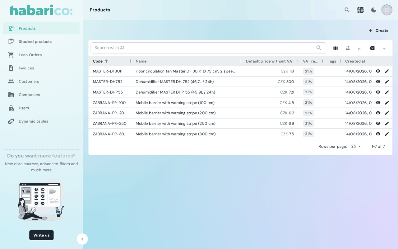A generated list view: product columns, filters, column selector and row actions